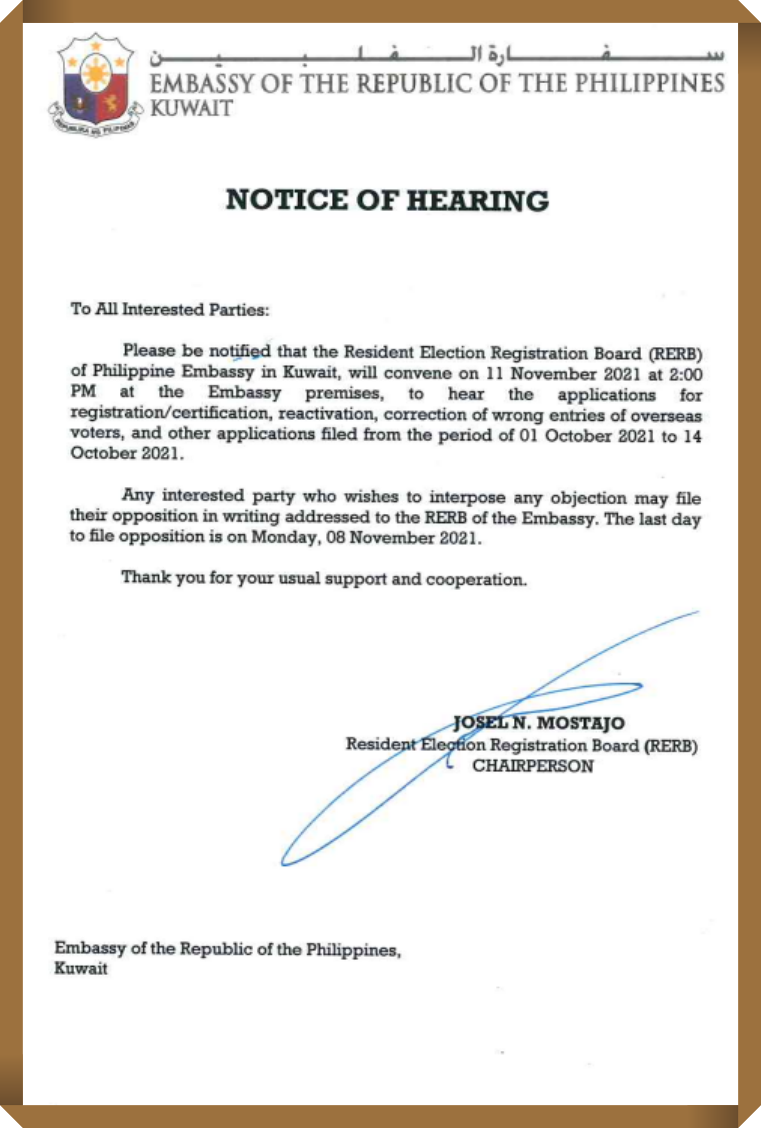 NOTICE OF HEARING November