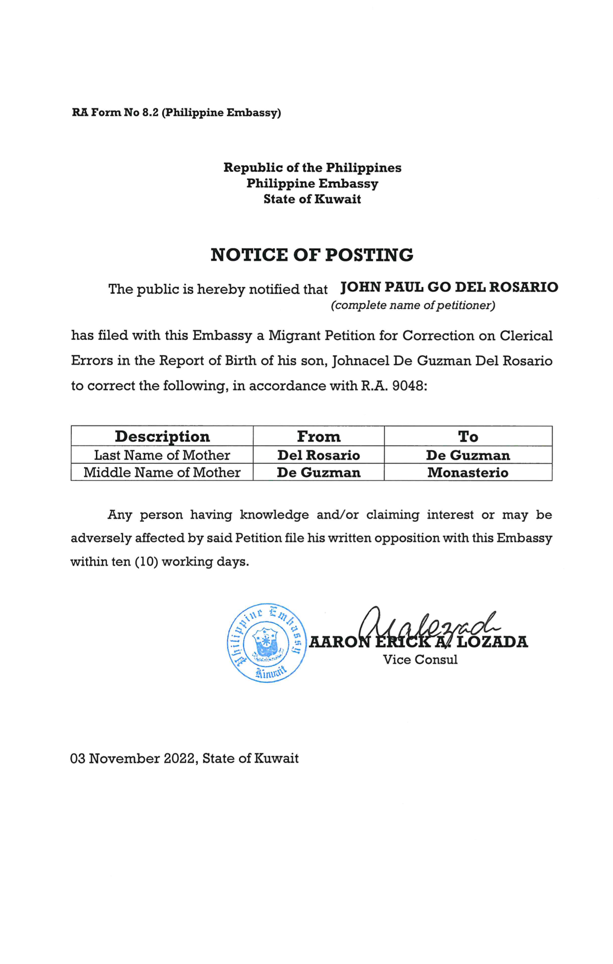 NOTICE OF POSTING DTD 03 NOV 2022 ROB JOHNACEL DE GUZMAN DEL ROSARIO 1