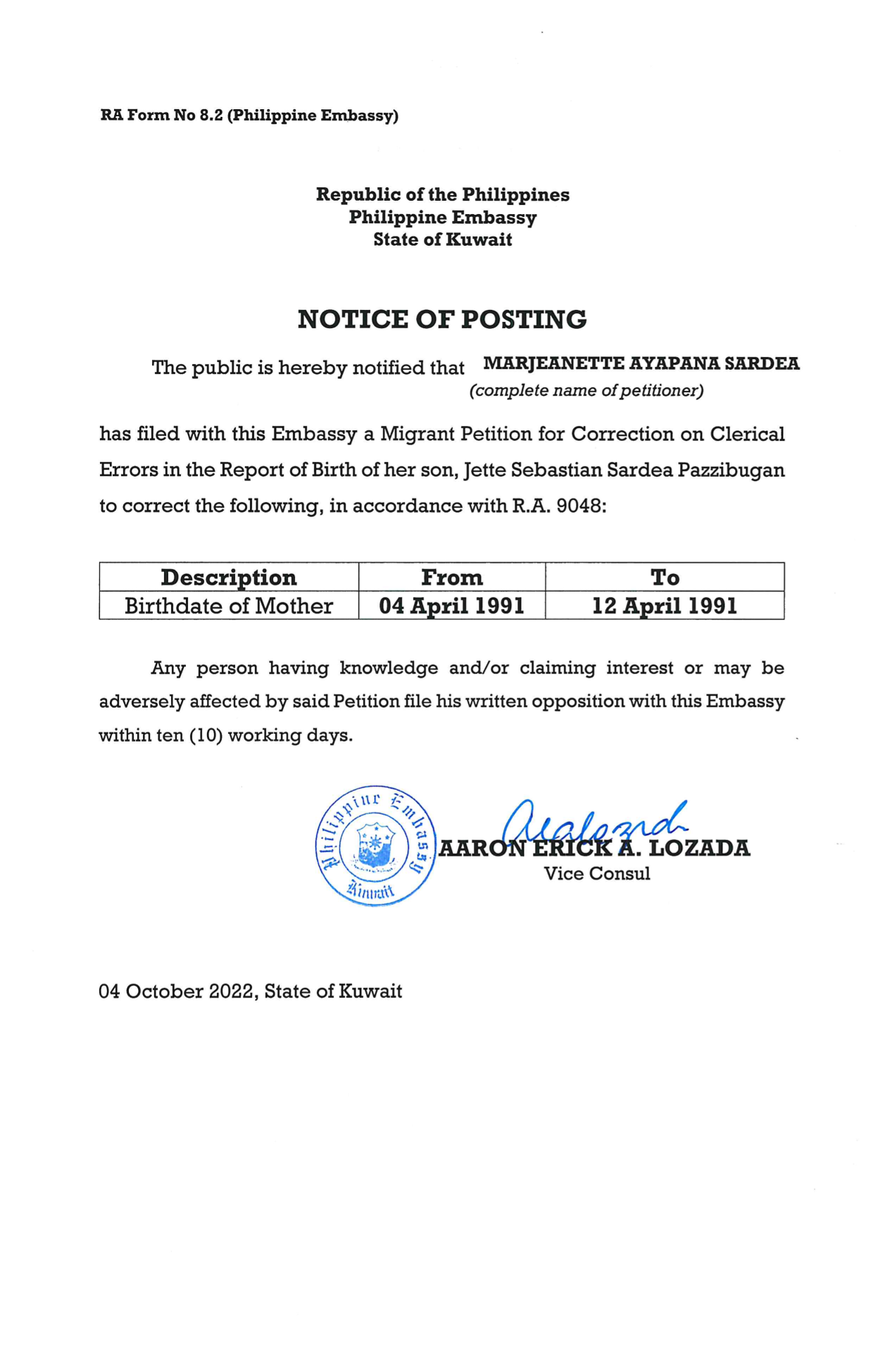 NOTICE OF POSTING DTD 04 OCT 2022 ROB JETTE SEBASTIAN PAZZIBUGAN 1