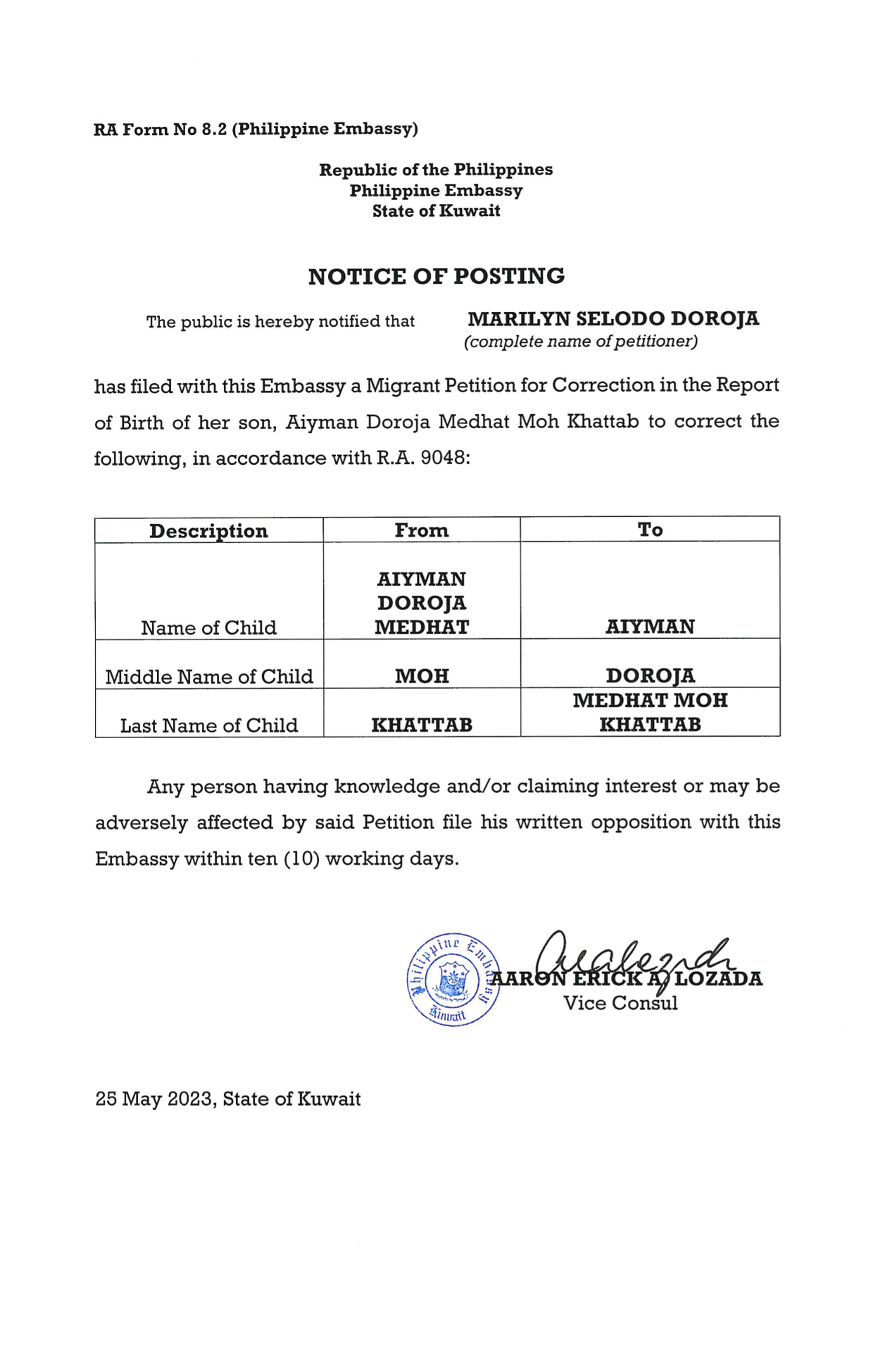 NOC POC 19 2023 PETITION FOR CORRECTION IN THE ROB OF AIYMAN DOROJA MEDHAT MOH KHATTAB 1
