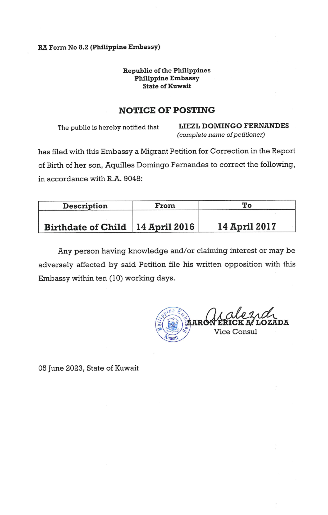 NOC POC 20 2023 PETITION FOR CORRECTION IN THE ROB OF AQUILLES DOMINGO FERNANDES 1