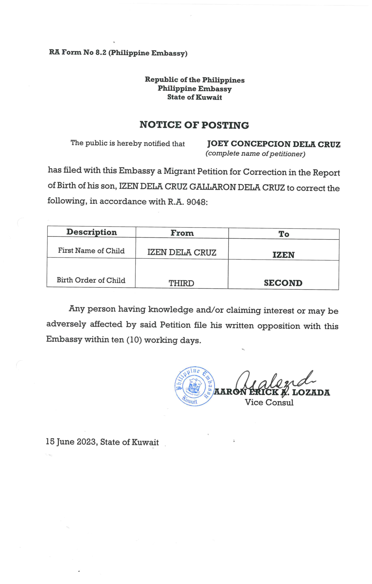 NOC POC 21 2023 PETITION FOR CORRECTION IN THE ROB OF IZEN GALLARON DELA CRUZ 1