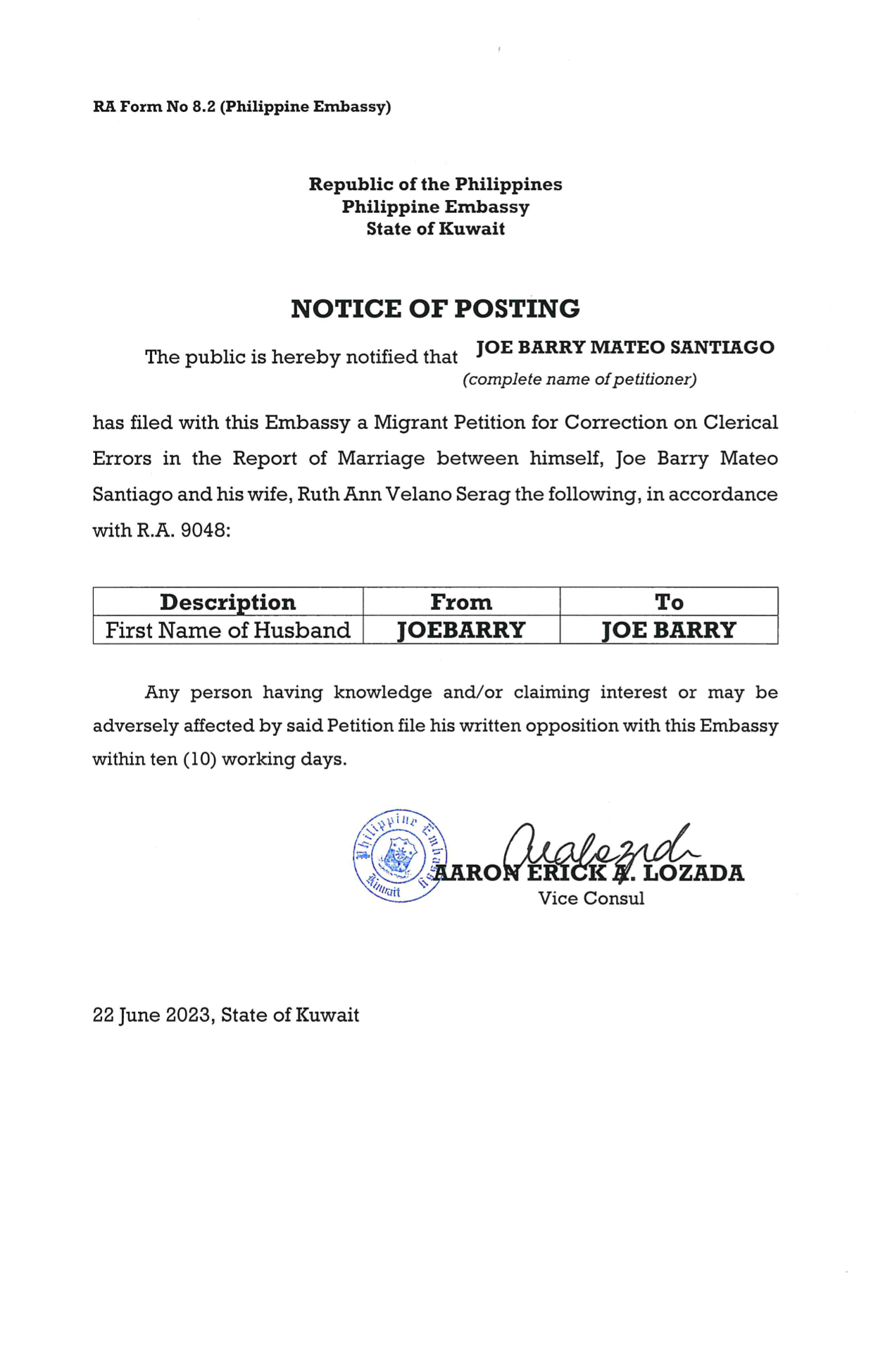 NOC POC 22 2023 PETITION FOR CORRECTION IN THE ROM OF JOE BARRY MATEO SANTIAGO RUTH ANN VELANO SERAG 1