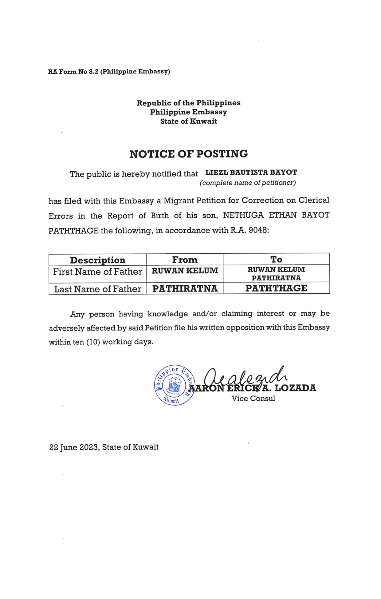 NOC POC 23 2023 PETITION FOR CORRECTION IN THE ROB OF NETHUGA ETHAN BAYOT PATHTHAGE 1