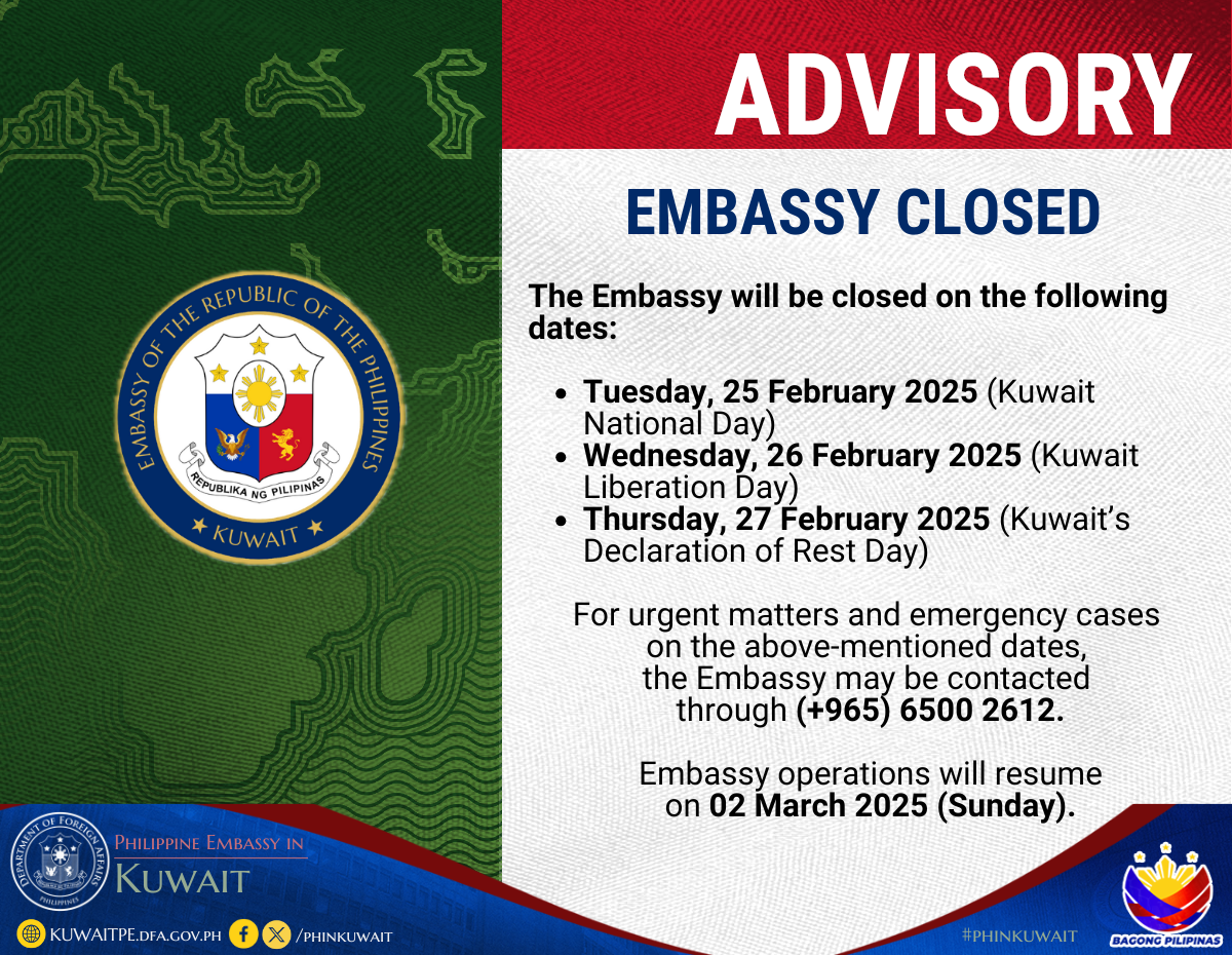 PUBLIC ADVISORY OBSERVANCE OF HOLIDAYS IN FEBRUARY 2025