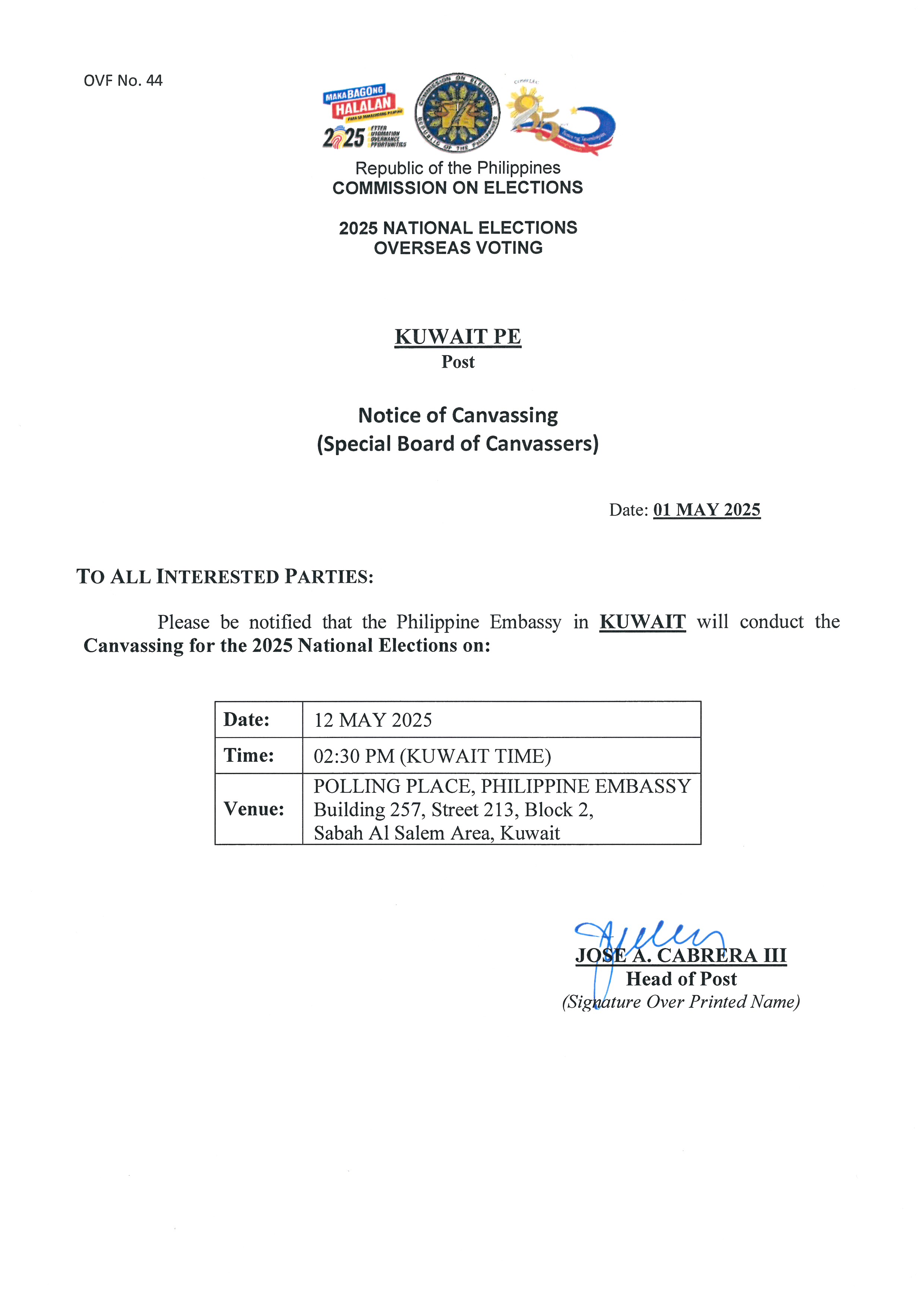 Notice of Canvassing for 2025NEO