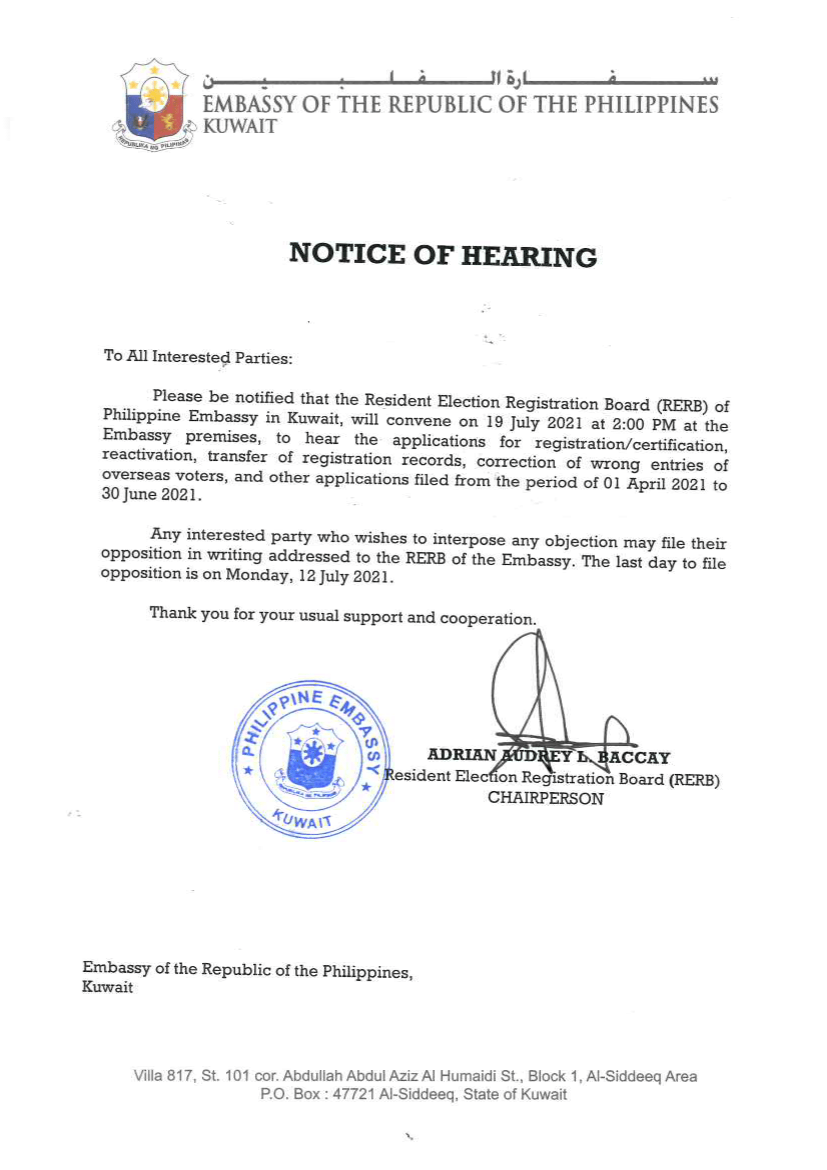 NOTICE OF HEARING JULY 1